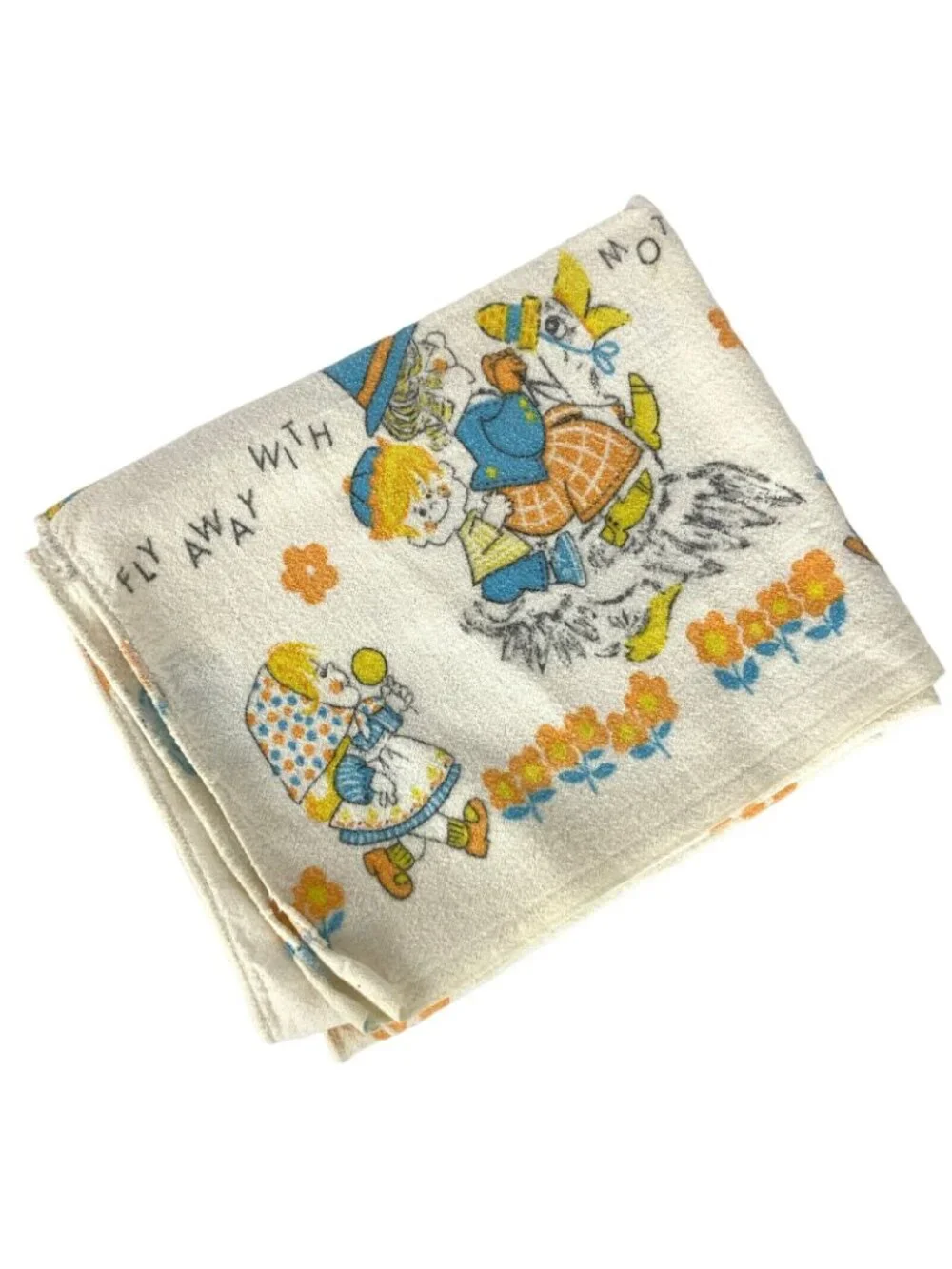 Vintage 60s Mother Goose Baby Receiving Blanket 25x39 White Cotton Nursery Decor